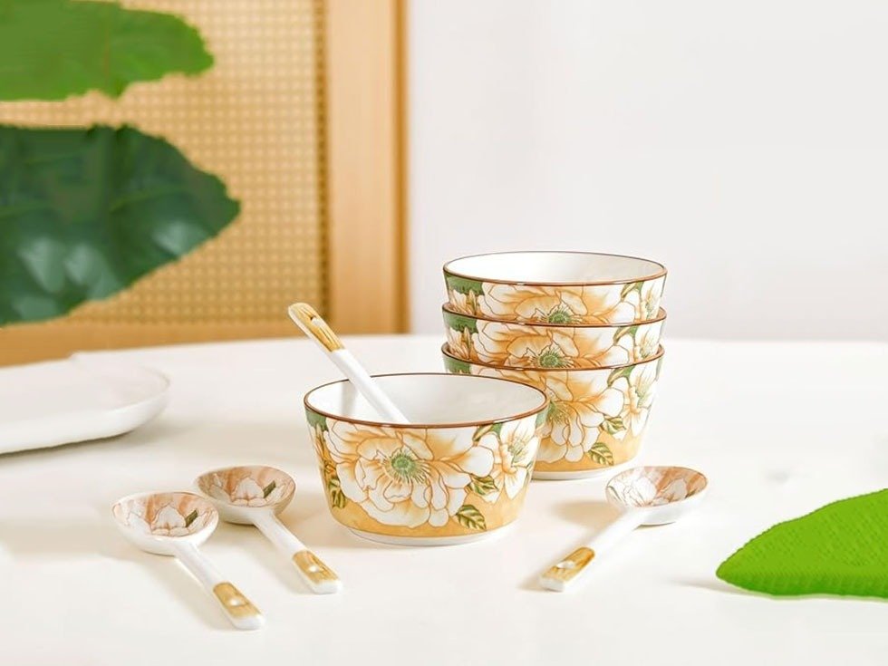 Best buy, efdbestbuy, www.efdbestbuy.com, efd best buy, efd bestbuy, efd-bestbuy, efd-best-buy, shopping advisor, efd shopping advisor, efd best buy shopping advisor, consult before buy, efd consult before buy, efd best buy consult before buy, Nestasia ceramic snack bowl set of 4 with 370ml capacity is a premium quality multipurpose serving bowl set designed for modern kitchens in India, perfect for serving soup, rice, dal, noodles, desserts, and salads. This stylish floral mustard bowl set comes with matching spoons and a beautiful gift box, making it an ideal gifting option for housewarming, weddings, and festive occasions. Made from durable ceramic material, these bowls are microwave safe and dishwasher safe, ensuring convenience and long-lasting use. The elegant design adds a touch of sophistication to your dining table while being practical for daily use. If you are looking for aesthetic ceramic bowl sets, designer serving bowls with spoons, or durable kitchenware gift sets, this Nestasia bowl set is a perfect combination of functionality and style.